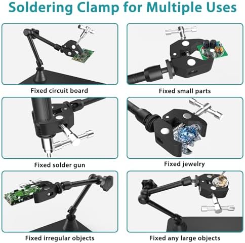 Helping Hands Soldering Station, 12X Magnifying Glass with Light with Soldering Clamp, 4 Magnetic Third Hand & 4 PCB Holders, 360° Hot Air Gun Holder, Desk Lamp for Soldering Repair Jewelry