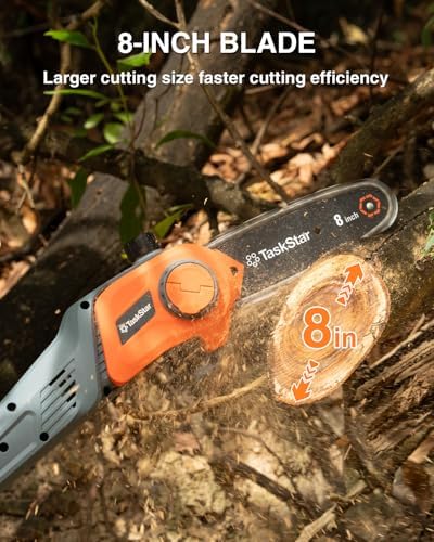 TaskStar 8-Inch Cordless Pole Saw, Electric Pole Saws for Tree Trimming, 2×4000mAh Batteries, 600W Powerful Motor, Max Reach 15Ft, Tool-Free Chain Tensioning, Auto Lubrication