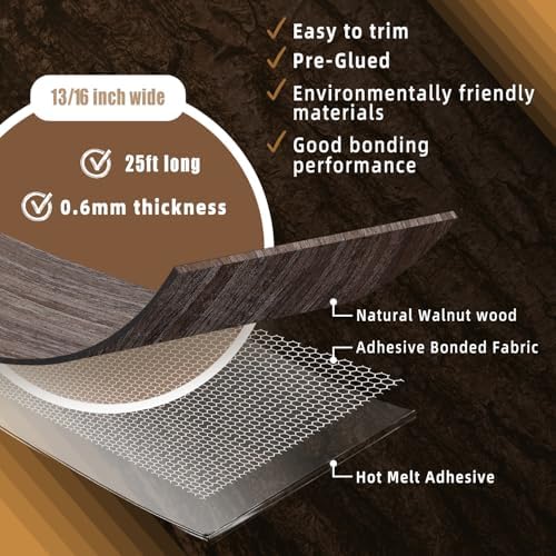 GSCIT Club Walnut Edge Banding, 13/16 inch x 25ft roll of Veneer Edge Banding - Pre-glued Flexible, Real Wood Tape for Cabinet Repair & Furniture Restoration