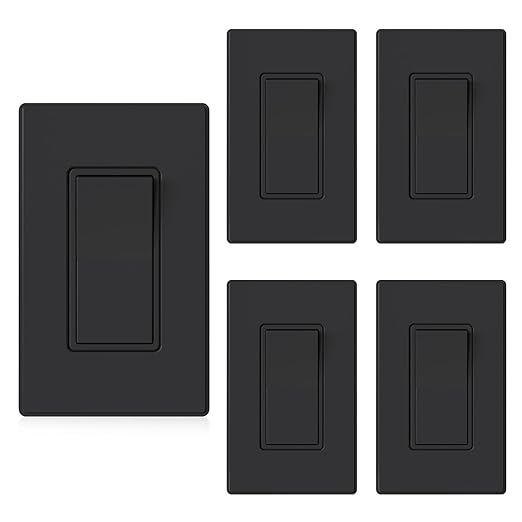 ELEGRP Matte Black 3 Way Decorative Light Switch with Plate, 15Amp, 120-277 Volt, AC Rocker Paddle Wall Switch Replacement, Self-Grounding, Residential Grade, w/Wall Plate, UL Listed (5 Pack)