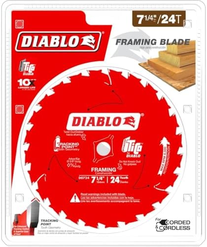 Diablo Framing Saw Blade for Wood - 7-1/4" Diameter, 24 ATB Teeth, 5/8" Arbor, .059" Kerf, 15° Hook Angle, .040" Plate, 8000 Max RPM - D0724X