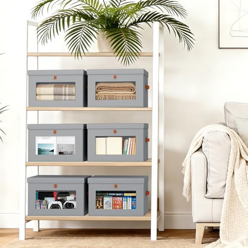 DIMJ Storage Bins with Lids - 8 Pack Large Fabric Closet Organizer with Window & Handles, Collapsible Decorative Storage Boxes for Shelves Under Bed, Books Clothes Blankets Sweaters Organization