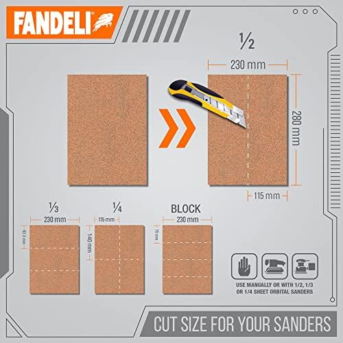 Fandeli | Multi-Purpose Sandpaper | 220 Grit Aluminum Oxide | 75 Sheets of 9'' x 11'' | Ideal for Metal and Wood | Compatible with Orbital Sanders, Brown