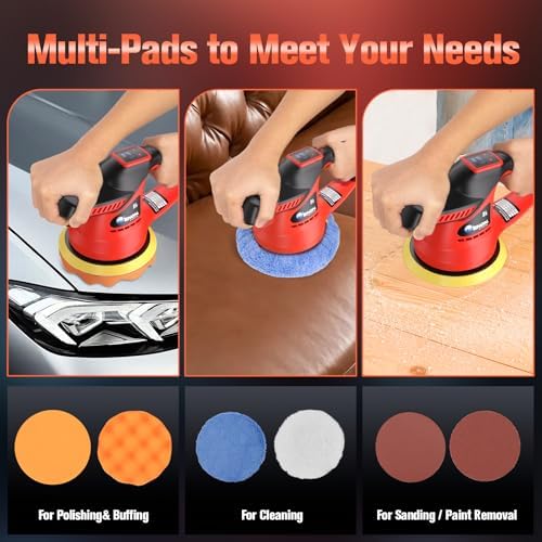 ENON Cordless Car Buffer Polisher Kit（2X 2000mAh 12V Batteries&34 PCS Attachments）- Brushless Dual Action Random Orbital Polishing with 6-Speed 6000RPM for Auto Detailing, Waxing & Paint Correction