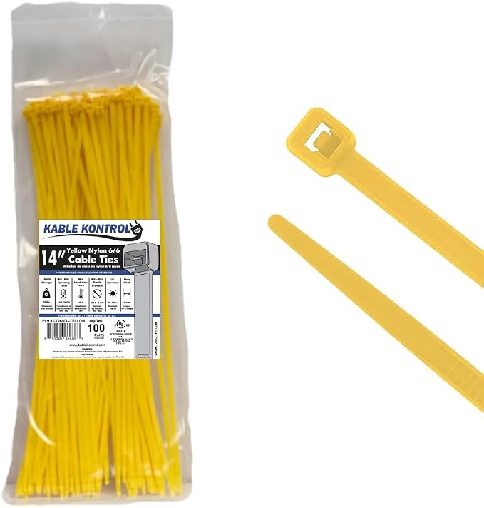 Kable Kontrol Cable Zip Ties, 14 Inch, 100 Pcs, 50lbs Test, Yellow | Nylon Plastic, Self Locking, UL Listed, Indoor Use