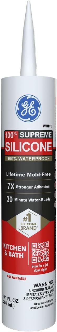GE Supreme Silicone Caulk for Kitchen & Bathroom, White, 10 fl oz Cartridge, 1 Pack - 100% Waterproof Silicone Sealant, 7X Stronger Adhesion, Shrink & Crack Proof