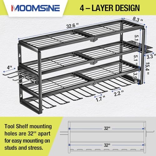 MOOMSINE 4 Layer Power Tool Organizer Wall Mount, Battery Tools Holder with Charging Station Shelf, Cordless Drill Hanger Storage Rack for Garage Organization, Workshop, Pegboard - 32 Inch 8 Slots