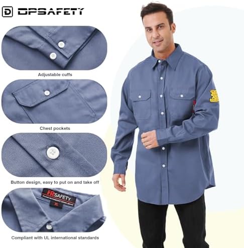 FR Shirts for Men 7oz Hi Vis Fire Resistant Shirts CAT2 Welding Shirt 100% Cotton Flame Resistant Shirt Light Blue(Medium)