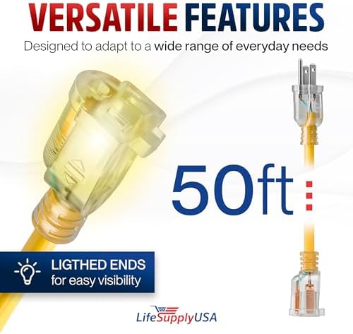 50ft Outdoor/Indoor Extension Cord 14/3 Gauge Heavy Duty 3 Prong SJTW, Waterproof, Flexible Cold-Resistant Long Power Cord,15A 125V 1875W, Yellow by LifeSupplyUSA