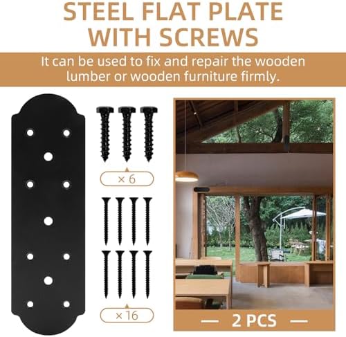 I Shape Steel Flat Bracket, 2 Pcs 10" X 3" Flat Fixing Mending Plates Black Flat Repair Plate Bracket with Screws Set for Wood Lumber Timber Connectors