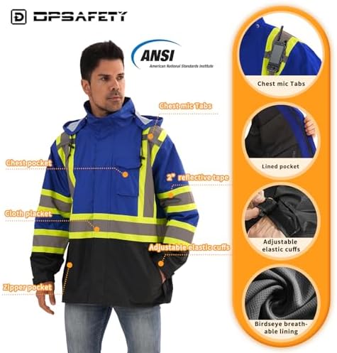 Reflective Rain jackets for men waterproof,Hi Vis Safety Coat With Reflective Strips，High Visibility Class 3 Rain jackets With 2 large pockets,Zipper,Blue,SM/MD