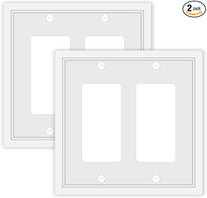 Double Decorator Switch Cover Plate White Classic Decorative Decorator Switch Plates Cover 2 Gang Rocker Wall Plate Cover for Duplex Toggle, 2 Pack