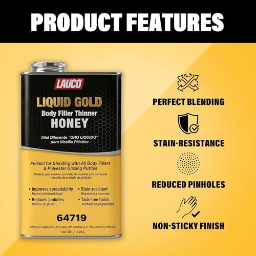 LAUCO Liquid Gold Body Filler Thinner Honey, Bridges Holes, Water Resistant, Lightweight Filler for Fiberglass, Steel, Plastics, Thinner Honey 64719