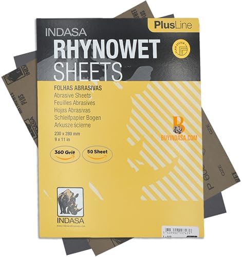 Indasa 50 PCS 9x11” Wet & Dry Sandpaper Sheets, 360 GRIT, Rhynowet Clog-Resistant Abrasive for Wood, Metal, Auto, Paint & Clear Coat Finishing, Sand Paper Aluminum Oxide, Plusline