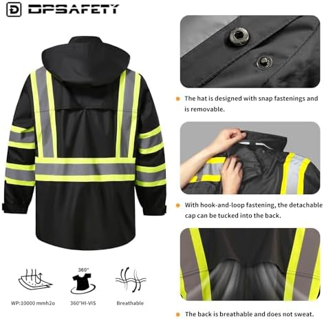 Reflective Rain jackets for men waterproof,Hi Vis Safety Coat With Reflective Strips，High Visibility Class 3 Rain jackets With 2 large pockets，Zipper,Black ，4XL/5XL