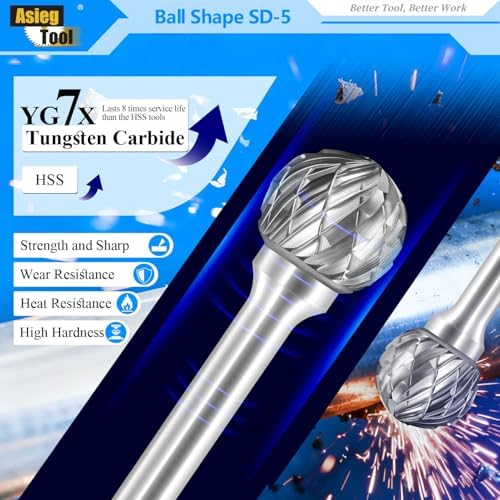 SD-5 Tungsten Carbide Burr Rotary File Ball Shape Double Cut with 1/4''Shank for Die Grinder Drill Bit - 10Pcs
