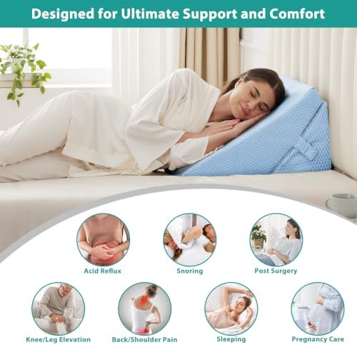 Bedluxe Wedge Pillow for Sleeping, Adjustable 9&12 Inch Foldable Bed Wedge Pillow Set, Orthopedic Memory Foam Triangle Pillows Wedge, 7-in-1 Elevated Pillows for Leg and Back Support, Light Blue