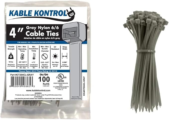 Kable Kontrol Gray Zip Ties 4 Inch 100 Pcs, 18 Lbs Tensile Strength, Self-locking Nylon Colored Cable Ties Wire Wraps for Indoor or Outdoor Use