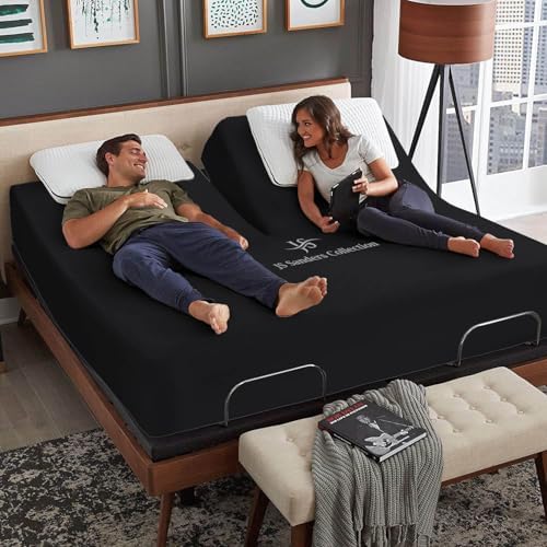 JS Sanders Collection 600TC Flex Top Queen Sheets for Sleep Number Bed - 100% Cotton 4 Pcs Top Split Queen Sheets for Adjustable Bed Queen 30 Inch Down Black -18 Inch Deep