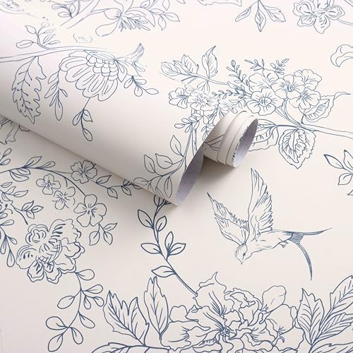 Froluya Cream White and Blue Floral Wallpaper Peel and Stick Wallpaper 17.7"x590.5" Vintage Floral Peel and Stick Wall Paper Removable Boho Self Adhesive Contact Paper for Bedroom Bathroom Vinyl