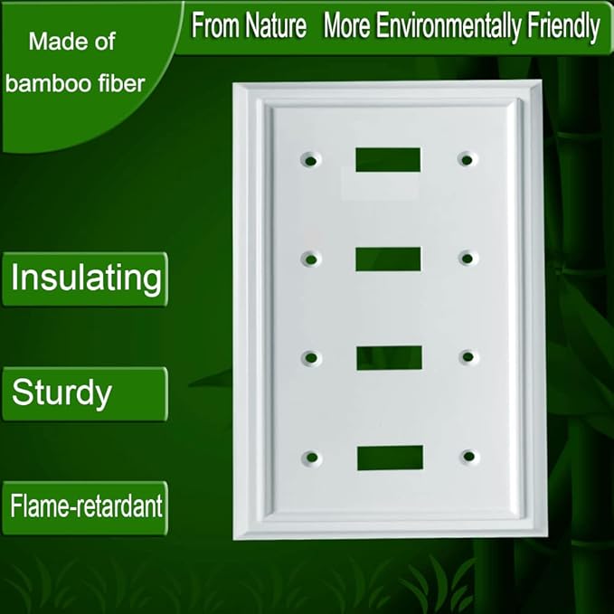 Wall Plates, Duplex Outlet Covers, Toggle Light Switch Plates, Decorator Light Switch Cover, Bamboo Fiber Material Wall Plate, Standard Size Wall Plates of various styles, White (4 Gang Toggle 1 Pack)
