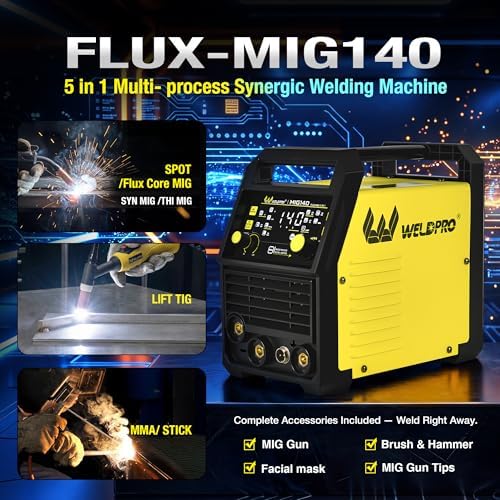 WELDPRO 140A MIG Welder 110/220V, 2026 Newest 5-in-1 Flux Core Welder, Synergic/Thickness Gasless MIG/Lift TIG/MMA/Spot Welding Machine, IGBT Inverter Welder with Large LED Digital Display, 2T/4T