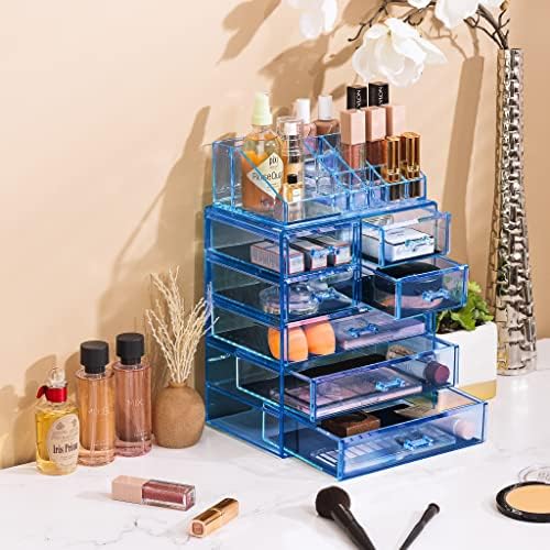 Sorbus Makeup Organizer, 7-Drawer Acrylic 2-Piece Set (Blue Brilliance)