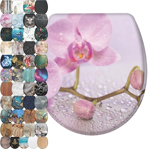 Sanilo Wooden Toilet Seat with Quick Release & Soft Close [ROUND] - Decorative & Slow Close Molded Wood Seat - With One Click for Easy Installation & Cleaning - With Adjustable Fit (Blooming)