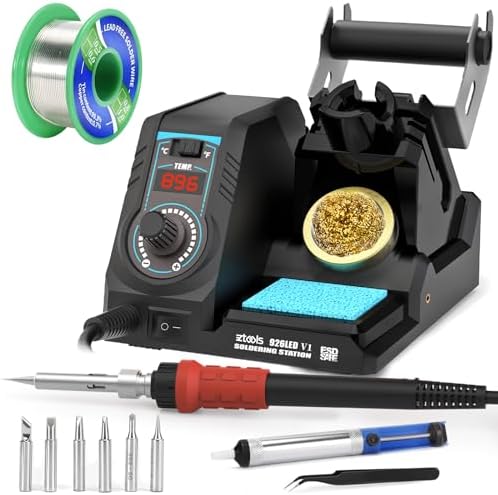 926LED V1 110W High-Power Soldering Station Iron Kit in Black with Temperature Control includes Lead-Free Solder, 6 Soldering Tips, ESD-Safe Tweezers, Solder Wire Dispenser, Tip Cleaner