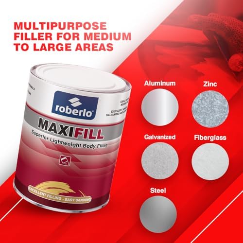 Roberlo Maxifill Superior Lightweight Body Filler - Easy Sanding, Lightweight & Paintable for Car Repairs - Adheres to Fiberglass, Metal, Plastic & More - Ideal for Dents & Scratches -1 Liter+Hardener