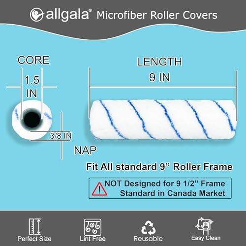 Allgala Paint Rollers 9 inch 3/8 Nap 12 Pack Shedless Lint Free Microfiber Paint Roller Covers for Paint Roller Kit House Painting Project