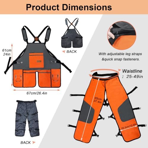 2-in-1 Chainsaw Protective Chaps and Apron Combo, Heavy Duty 900D Oxford Woodworking Tool Apron with 10 Pockets, Adjustable Safety Logger Chaps for Carpenter, Arborist, Gardening
