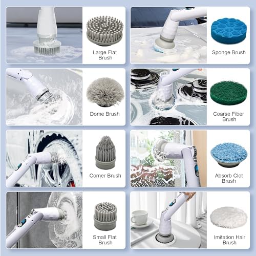 Electric Spin Scrubber, Cordless Cleaning Brush with Long Handle & 8 Brush Heads IPX7 Waterproof Bathroom Scrubber for Tub Grout Tile Floor, TBL03