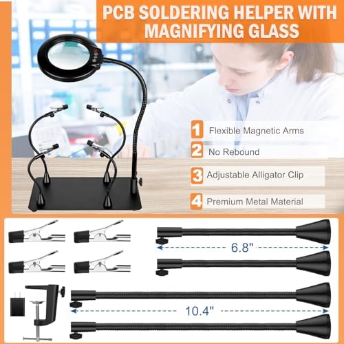 Soldering Helping Hands 12X Magnifying Glass with light and Stand PCB Holder, Drdefi Soldering Station Third Hand Tools Magnifier with Thickening Alligator Clip Large Magnetic Base for Repairing