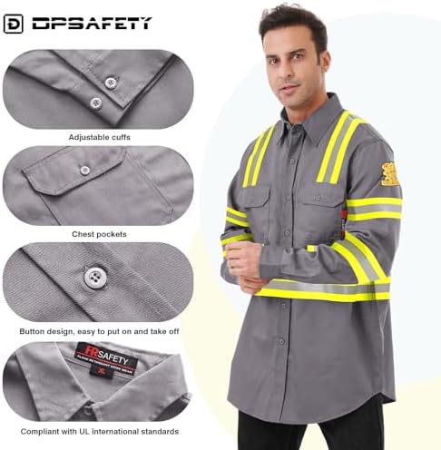 FR Shirts for Men 7oz High Visibility Fire Resistant Shirts CAT2 Welding Shirt 100% Cotton Hi Vis Flame Resistant Shirt Light Gray(Small)
