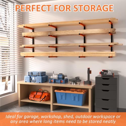 4 Pack Lumber Storage Rack, Wall Mount Removable & Adjustable Lumber Rack with 8-Level Holds Up 1040 Lbs, Heavy Duty Metal Garage Wood Rack for Workshop, Basement, Indoor and Outdoor