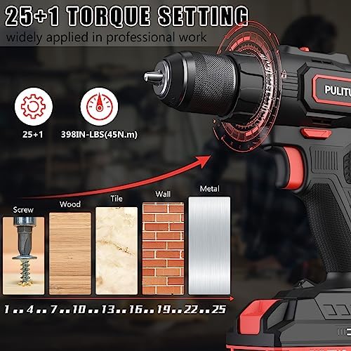 PULITUO Cordless Drill Set, 20V/2.0Ah Electric Power Drill, Torque 45N.m, 25+1 Torque Setting,1/2” Keyless Chuck, 2 Variable Speed Setting, with 43 PCS Bits, Storage Bag
