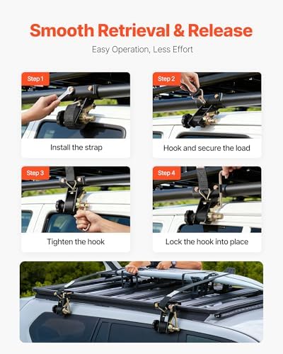 VEVOR Ladder Rack Ratchet Straps, 2'' Black Round Tube Mount, 1.5'' Wide x 7.5' Long Black Ladder Rack Straps with Double J-Hooks, 500 lbs Load Heavy Duty, Cargo Buckle Lock Strap (4 Pack)