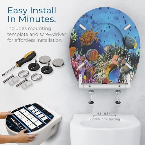 Sanilo Wooden Toilet Seat with Quick Release & Soft Close [ROUND] - Decorative & Slow Close Molded Wood Seat - With One Click for Easy Installation & Cleaning - With Adjustable Fit (Ocean)