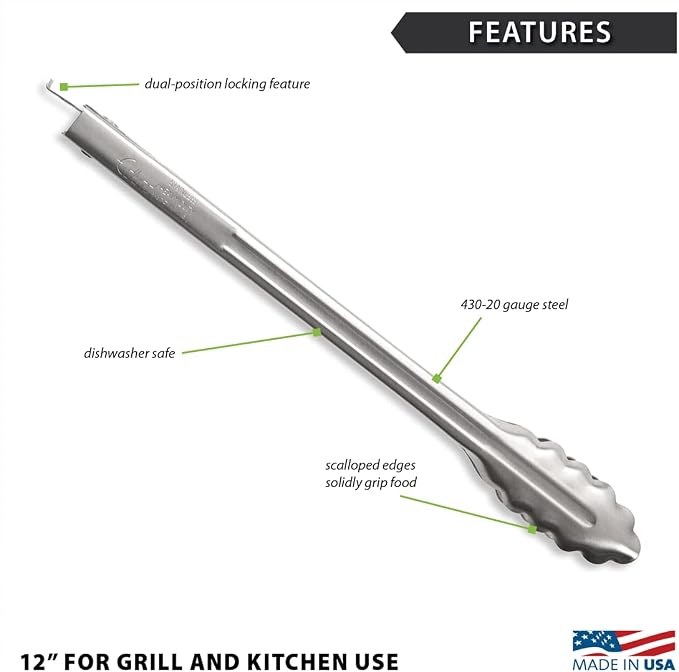 Rada Cutlery 12" Heavy-Duty Tongs (B314), Pack of 2 | Scalloped Edges, Stainless Steel