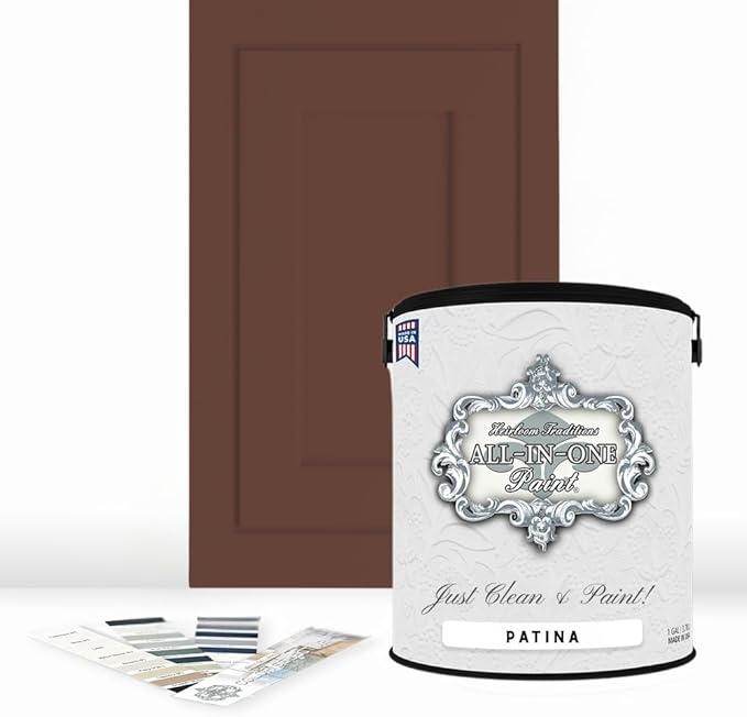 ALL-IN-ONE Paint by Heirloom Traditions, Patina (Warm Sienna Brown), Gallon - Durable cabinet and furniture paint. Built in primer and top coat, no sanding needed. Includes our 30 featured color card.