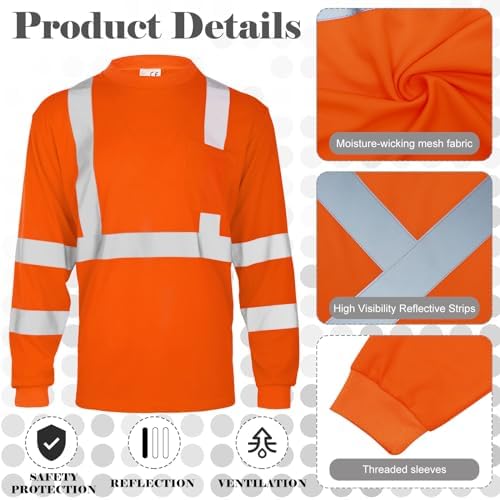 Amylove 4 Pcs Long Sleeve High Visibility Safety Shirts,XL,Orange, Black