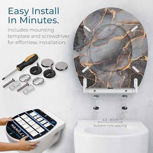 Sanilo Wooden Toilet Seat with Quick Release & Soft Close [ROUND] - Decorative & Slow Close Molded Wood Seat - With One Click for Easy Installation & Cleaning - With Adjustable Fit (Marble Abstract)