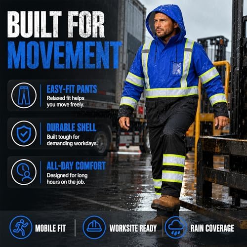 Rain Suits for Men Waterproof Reflective High Visibility Rain Gear Mens Heavy Duty, Hi Vis Rain Jacket & Pants with Black Bottom Class 3 ANSI/ISEA Compliant, Blue 2XL/3XL