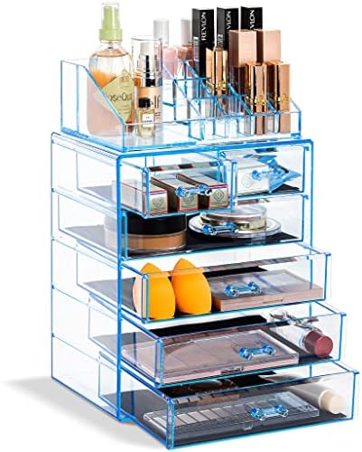 Sorbus Makeup Organizer, 6-Drawer Acrylic 2-Piece Set (Blue Brilliance)