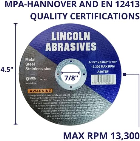 100 Pack 4.5" Cut-Off Wheels Lincoln Abrasives .040" Metal & Stainless Steel