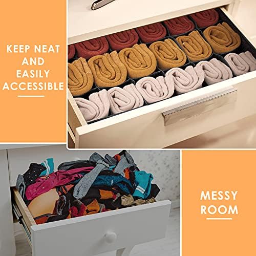 Criusia 3 Pack Sock Underwear Organizer Dividers, 64 Cell Fabric Foldable Cabinet Closet Organizers and Storage Boxes for Storing Socks, Underwear, Ties (16+24+24 Cell, Black)