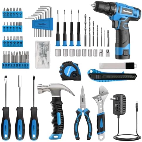 PULITUO Tool Set, 148-Piece Home Drill Set with 12V Blue Cordless Drill, Hand tool Kits, and Box, Suitable for Men, Women, and DIY Enthusiasts for Home Improvement.