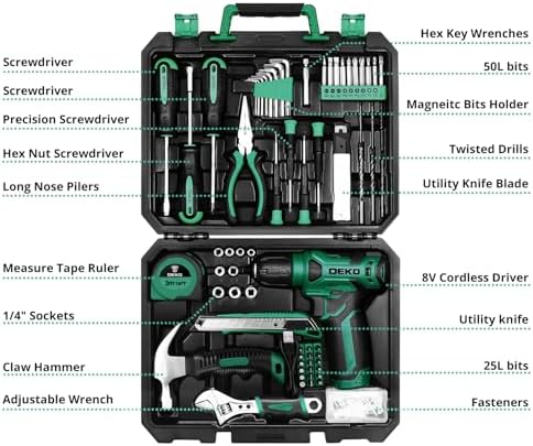 Tool Kit: 8V Cordless Drill, Home Toolbox with storage case, Hand Tool set for Home Repairs 126 Piece, Green