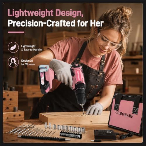 COMOWARE Cordless Drill Set, 20V Pink Power Drill Set for Women, 1 Battery & Charger, 3/8" Keyless Chuck, 2 Variable Speed, 266 In-lb Torque, 25+1 Position, with Pink Storage Bag